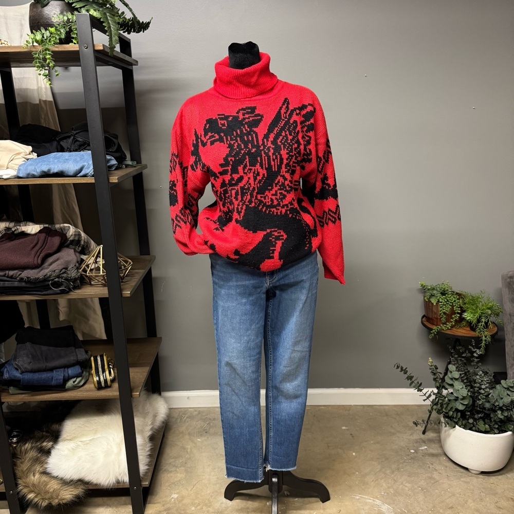Vintage griffin red black knit Sweater Eas turtleneck 1980s unisex fantasy